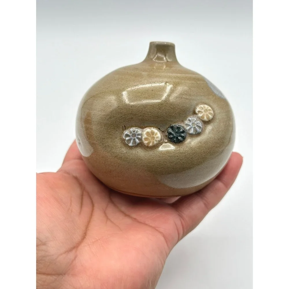 Vintage Studio Pottery Bud Vase Signed Tan Ceramic Floral Round Small 3.5in